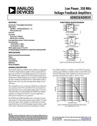 Analog Devices AD8038/AD8039 Datasheet