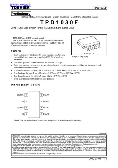 Toshiba TPD1030F 2-IN-1 Low-Side Switch Datasheet - cover page