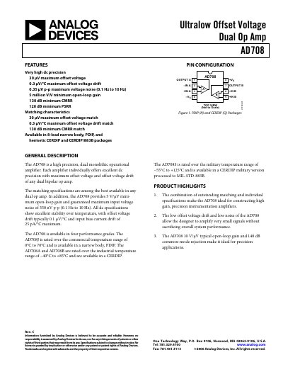 Analog Devices AD708 Dual Operational Amplifier Datasheet Rev C - cover page