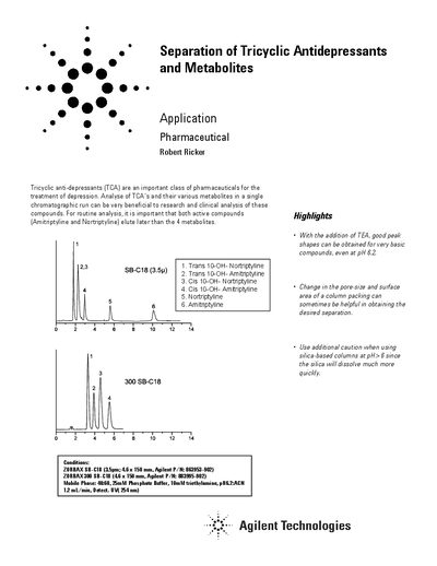Agilent 5988-6382EN Application Note: Separation of Tricyclic Antidepressants Metabolites - cover page