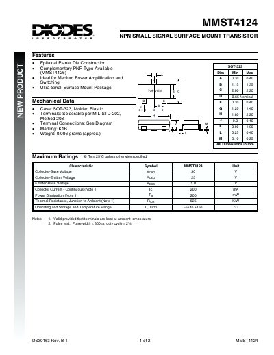 Diodes MMST4124 NPN Small Signal Transistor Datasheet - cover page