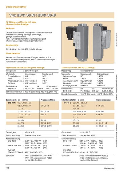 Barksdale BFS40 Flow Monitor Datasheet - cover page