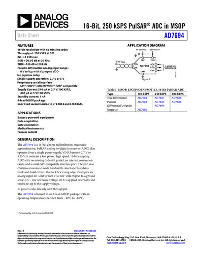 Analog Devices AD7694 16‑Bit PulSAR® ADC Data Sheet - cover page