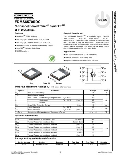 Fairchild FDMS8570SDC 25V 60A N-Channel MOSFET Datasheet