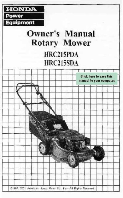 HONDA HRC215PDA HRC215SDA Rotary Mower user manual