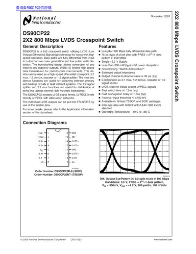 National Semiconductor DS90CP22 2x2 800 Mbps LVDS Crosspoint Switch Datasheet - cover page