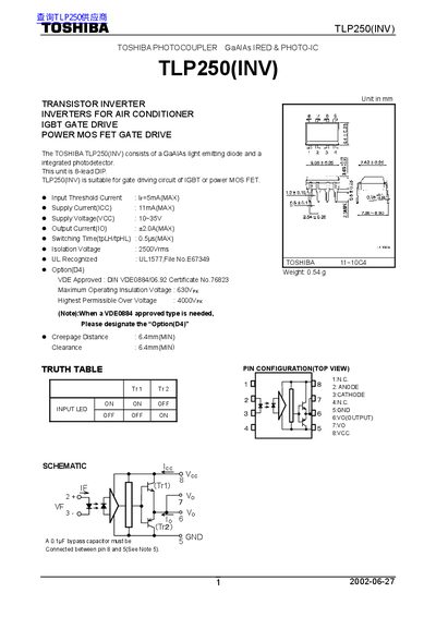Toshiba TLP250(INV) Phototransistor Inverter Datasheet - cover page