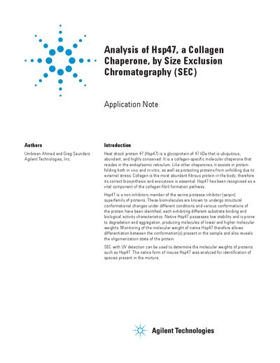 Agilent Analysis of Hsp47 a Collagen Chaperone by Size Exclusion Chromatography (SEC) Manual