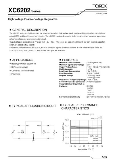 Torex XC6202 Series High Voltage Positive Voltage Regulator Datasheet - cover page