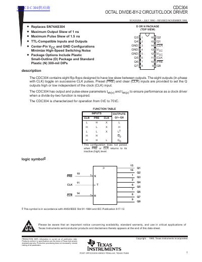 Texas Instruments CDC304 Octal Divide-by-2 Circuit/Clock Driver Datasheet - cover page