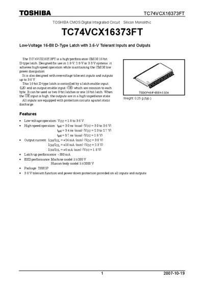 Toshiba TC74VCX16373FT 16‑Bit D‑Type Latch Datasheet - cover page