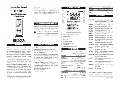 Hanna Instruments HI 99181 Portable Waterproof Skin pH Meter Instruction Manual - cover page