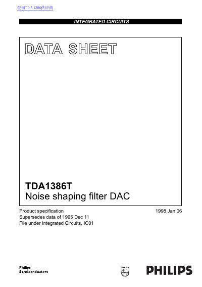 Philips TDA1386T Noise Shaping Filter DAC Datasheet - cover page