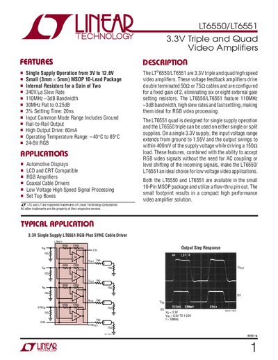 Linear Technology LT6550/LT6551 Video Amplifiers Datasheet - cover page