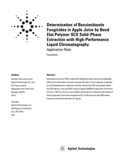 Agilent Bond Elut Polymer SCX SPE Application Note for Benzimidazole Fungicides - cover page