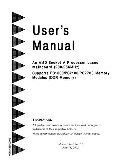AMD Socket A Processor based mainboard(200/266MHz) user manual - cover page