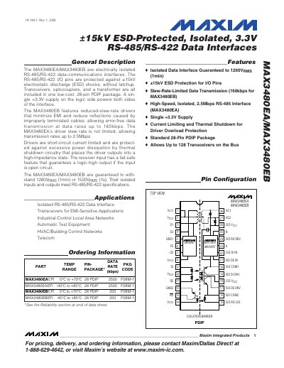 Maxim MAX3480EA/MAX3480EB Isolated RS-485/RS-422 Data Interface Datasheet - cover page
