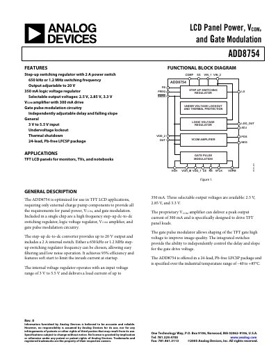 Analog Devices ADD8754 LCD Panel Power, V COM, and Gate Modulation IC Datasheet