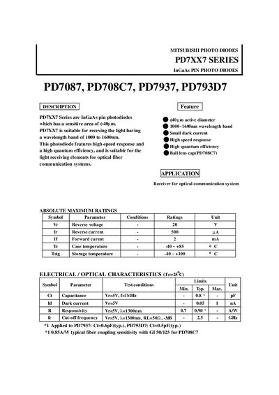MITSUBISHI PHOTO DIODES PD7XX7 SERIES InGaAs PIN PHOTO DIODES PD7087 PD708C7 PD7937 PD793D7 Manual - cover page