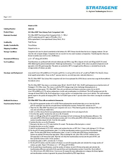Agilent XL1-Blue MRF' Kan Library Pack Competent Cells Product Information Sheet - cover page