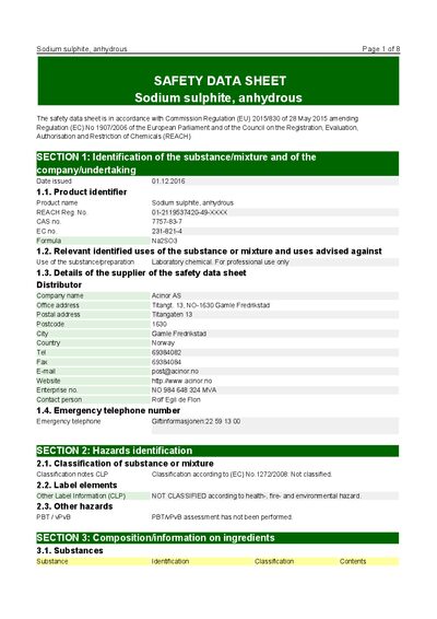 Acinor Sodium sulphite, anhydrous Safety Data Sheet - cover page