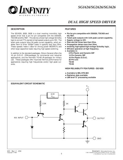 Infinity SG1626/SG2626/SG3626 Dual High Speed Driver Datasheet - cover page