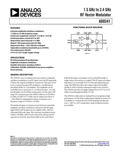 Analog Devices AD8341 RF Vector Modulator Datasheet - cover page