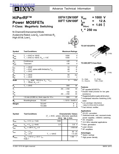 IXYS HiPerRF™ 12N100F Power MOSFET Datasheet - cover page