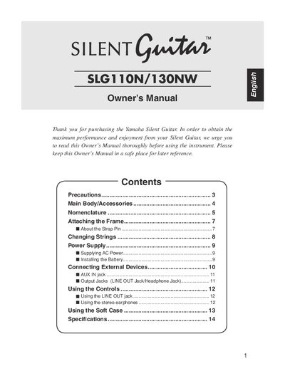Yamaha SLG110N/130NW Silent Guitar Owner's Manual - cover page