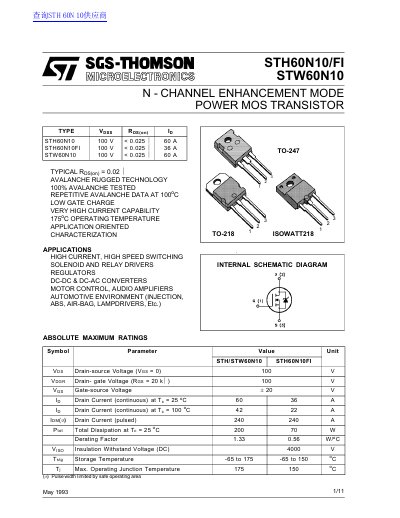 SGS-THOMSON STH60N10/STH60N10FI/STW60N10 Power MOS Transistor Datasheet - cover page