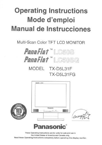 Panasonic TX-D5L31F/TX-D5L31FG Multi-Scan Color TFT LCD Monitor Operating Instructions - cover page