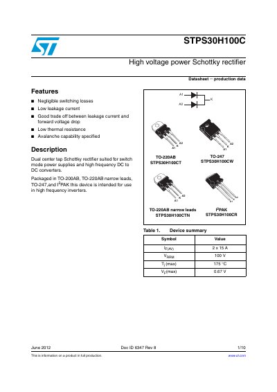 STMicroelectronics STPS30H100C High Voltage Power Schottky Rectifier Datasheet