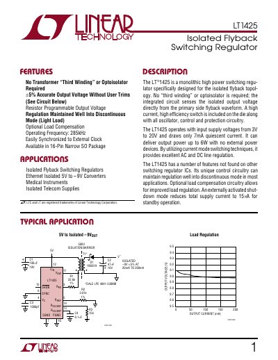 Linear Technology LT1425 Isolated Flyback Switching Regulator Datasheet - cover page