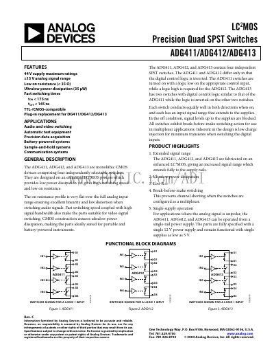 Analog Devices ADG411/ADG412/ADG413 Quad SPST Switches Datasheet - cover page