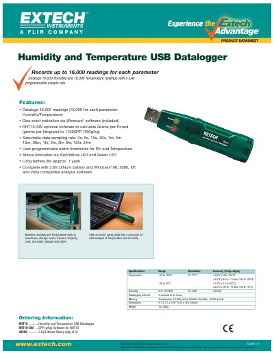EXTECH RHT10 Humidity Temperature USB Datalogger Product Datasheet - cover page