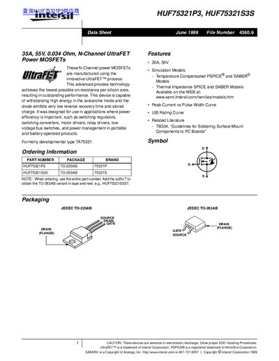 Intersil HUF75321P3/HUF75321S3S N-Channel UltraFET Power MOSFET Datasheet - cover page