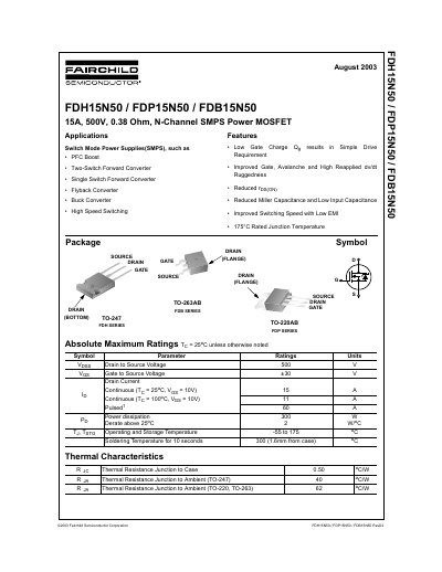 Fairchild Semiconductor FDH15N50/FDP15N50/FDB15N50 N-Channel SMPS Power MOSFET Datasheet