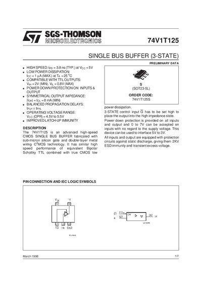 SGS-Thomson 74V1T125 Single Bus Buffer Datasheet - cover page