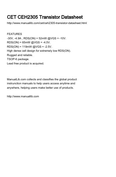 CET CEH2305 P-Channel MOSFET Datasheet - cover page
