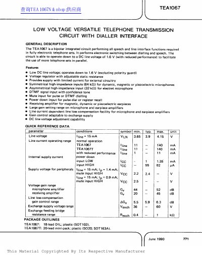 TEA1067 Low Voltage Telephone Transmission Circuit Datasheet - cover page