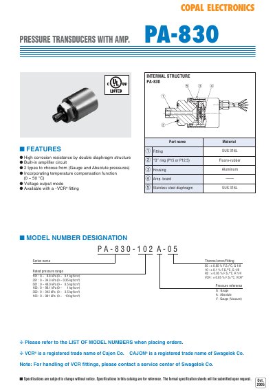 PA-830 Pressure Transducer with Amplifier Manual - cover page
