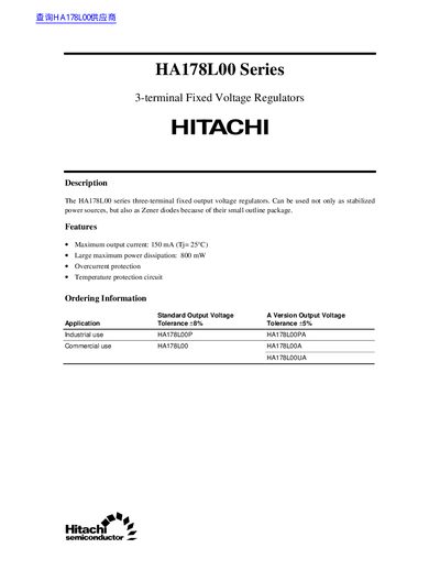 Hitachi HA178L00 Series Three-Terminal Fixed Voltage Regulator Datasheet - cover page