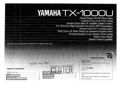 Yamaha TX-1000U AM/FM Stereo Tuner Owner's Manual - cover page