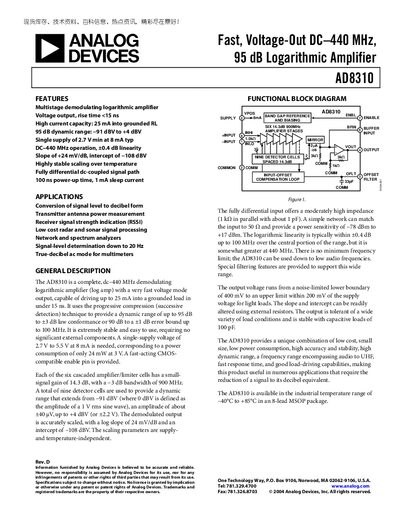 ANALOG DEVICES Fast Voltage-Out DC 440 MHz 95 dB Logarithmic Amplifier AD8310 handbook(1) - cover page