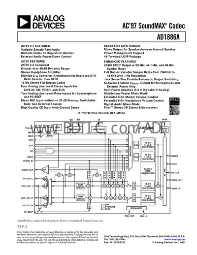 Analog Devices AD1886A Audio Codec Datasheet - cover page