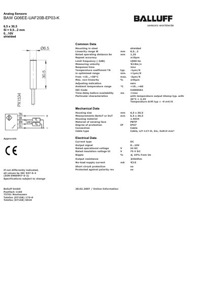 Balluff BAW G06EE-UAF20B-EP03-K Displacement Sensor Datasheet - cover page