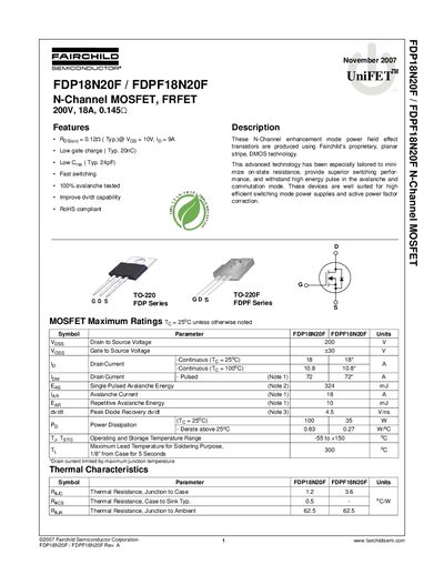 Fairchild FDP18N20F / FDPF18N20F N-Channel MOSFET Datasheet - cover page
