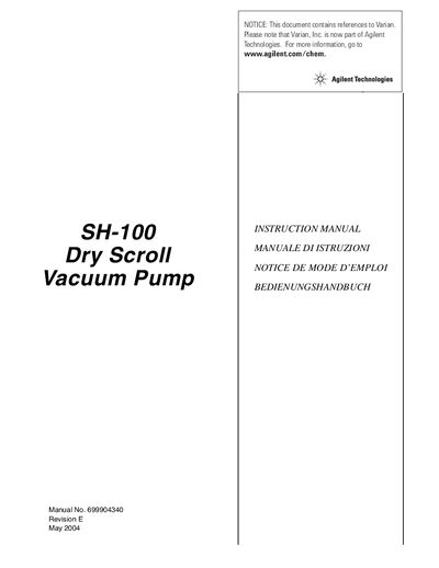 Agilent SH-100 Dry Scroll Vacuum Pump Instruction Manual - cover page