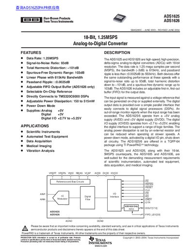 Texas Instruments ADS1625/ADS1626 18-Bit ADC Datasheet - cover page