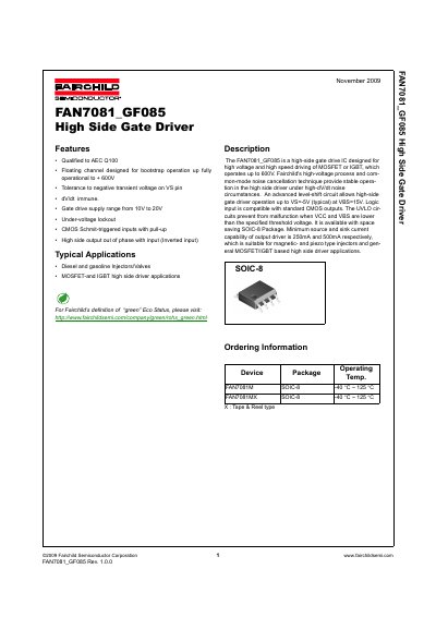 FAIRCHILD FAN7081_GF085 High Side Gate Driver handbook - cover page